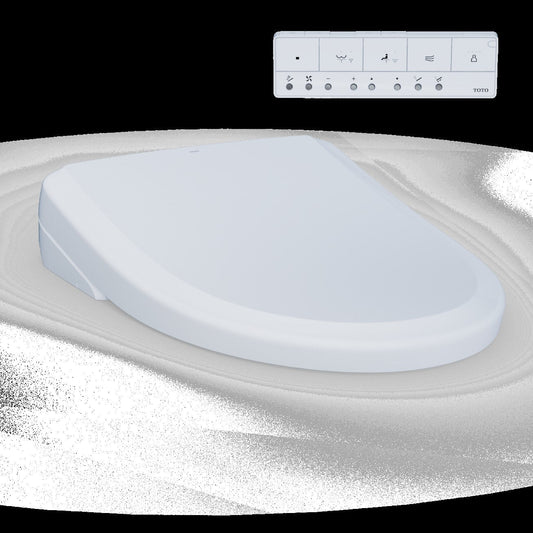 Modern electronic bidet toilet seat with slim remote control, white color