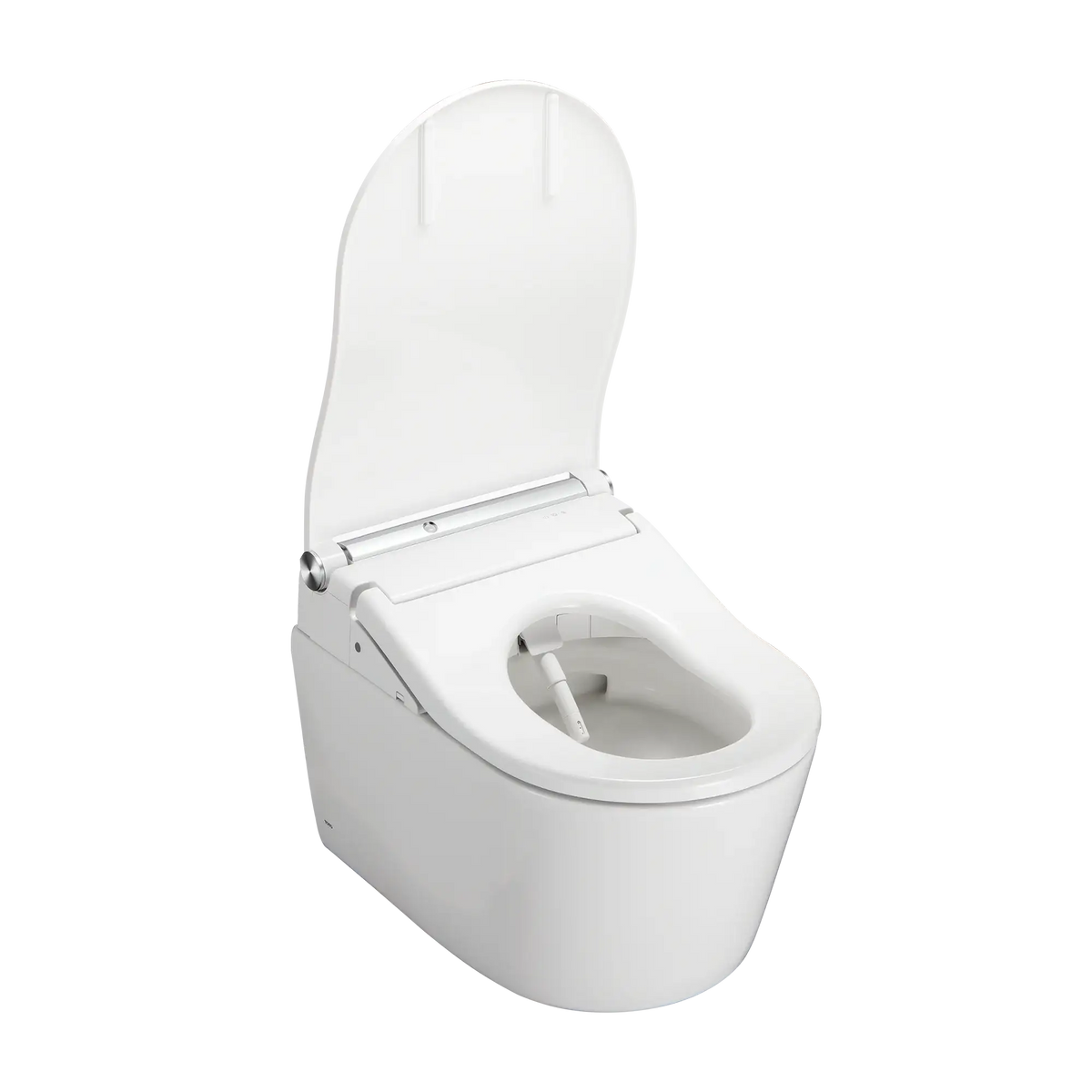 TOTO WASHLET+ RP toilet with RW bidet seat, lid open, showing the D-shaped bowl and retractable wash wand